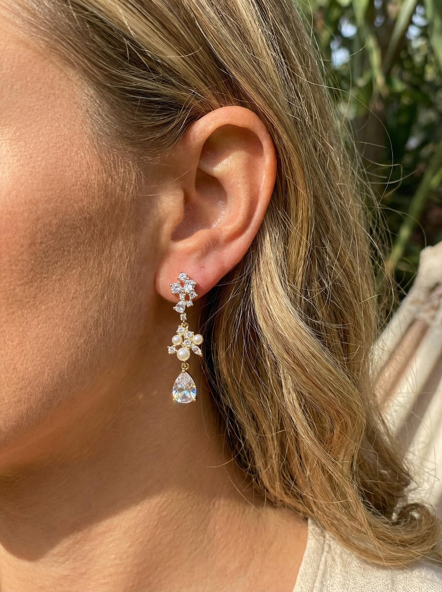 PRTGL Pearl Drop Earrings - Silver 14 White Gold Plated Cubic Zirconia Accented Pearl Drop Dangle Earrings for Women Wedding Bridal Teardrop Design