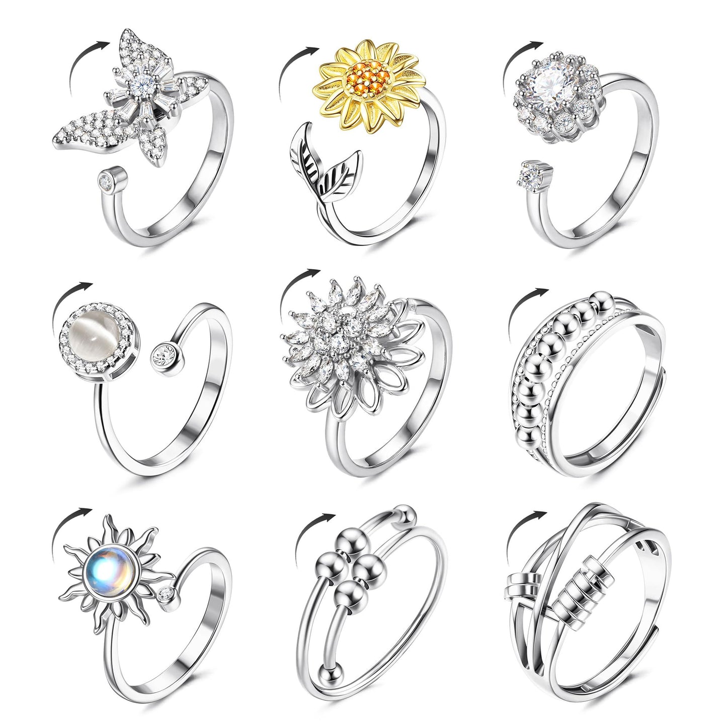 MILACOLATO 14K Gold Plated Fidget Ring for Women Adjustable Anxiety Rings Open CZ Butterfly Sunflower Bead Spinner Rings for Anxiety Stress Relief S