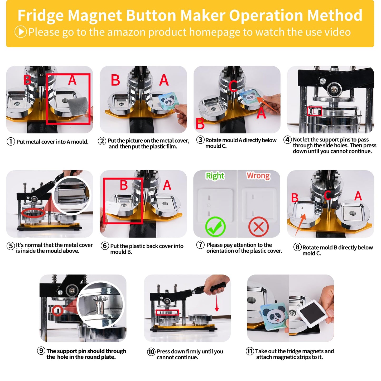 MK.Bear Fridge Magnet Button Maker Machine, 50mm/1.97 in Square Button Maker Kit for Refrigerator Magnet, DIY Pin Maker Badge Press Machine with 100 Sets Button Supplies