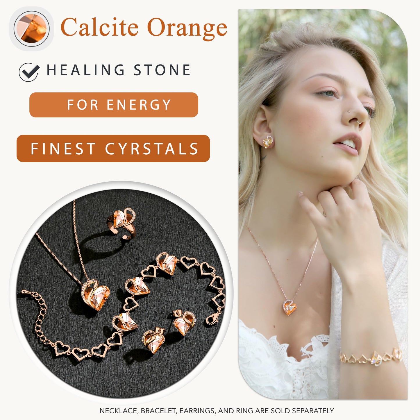 Leafael Gifts for Women Rose Gold Plated Necklaces: Heart Shaped Orange Healing Crystals, Cubic Zirconia, Hypoallergenic Chain (18"+2"), Jewelry for Anniversaries and Birthdays