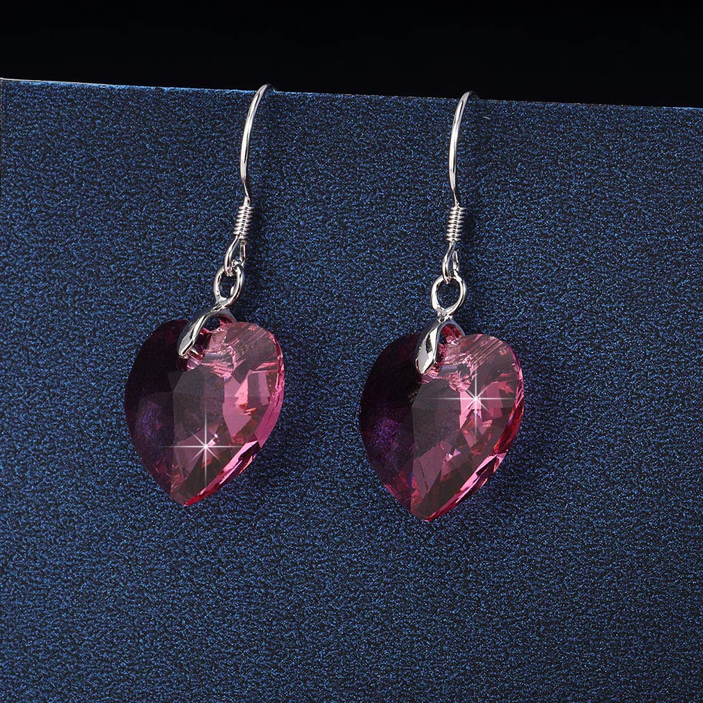 Austrian Crystal Heart Drop Dangle Earrings for Women 925 Sterling Silver Hook Hypoallergenic Earring (Rose Pink)
