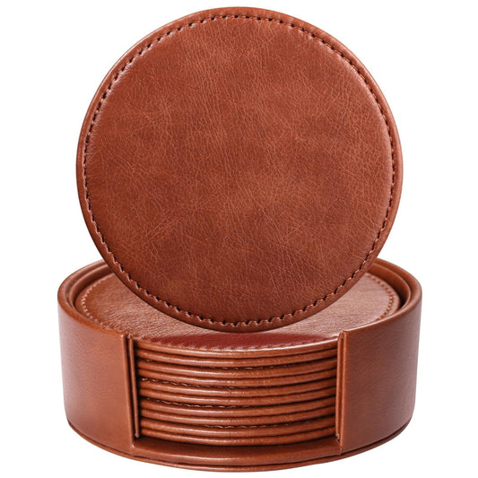 Lorteme Drink Coasters with Holder, 4" Leather Coasters for Drinks Set of 6 for Tabletop Protection, Elegant Home Decor & Handmade Housewarming Gift - Brown