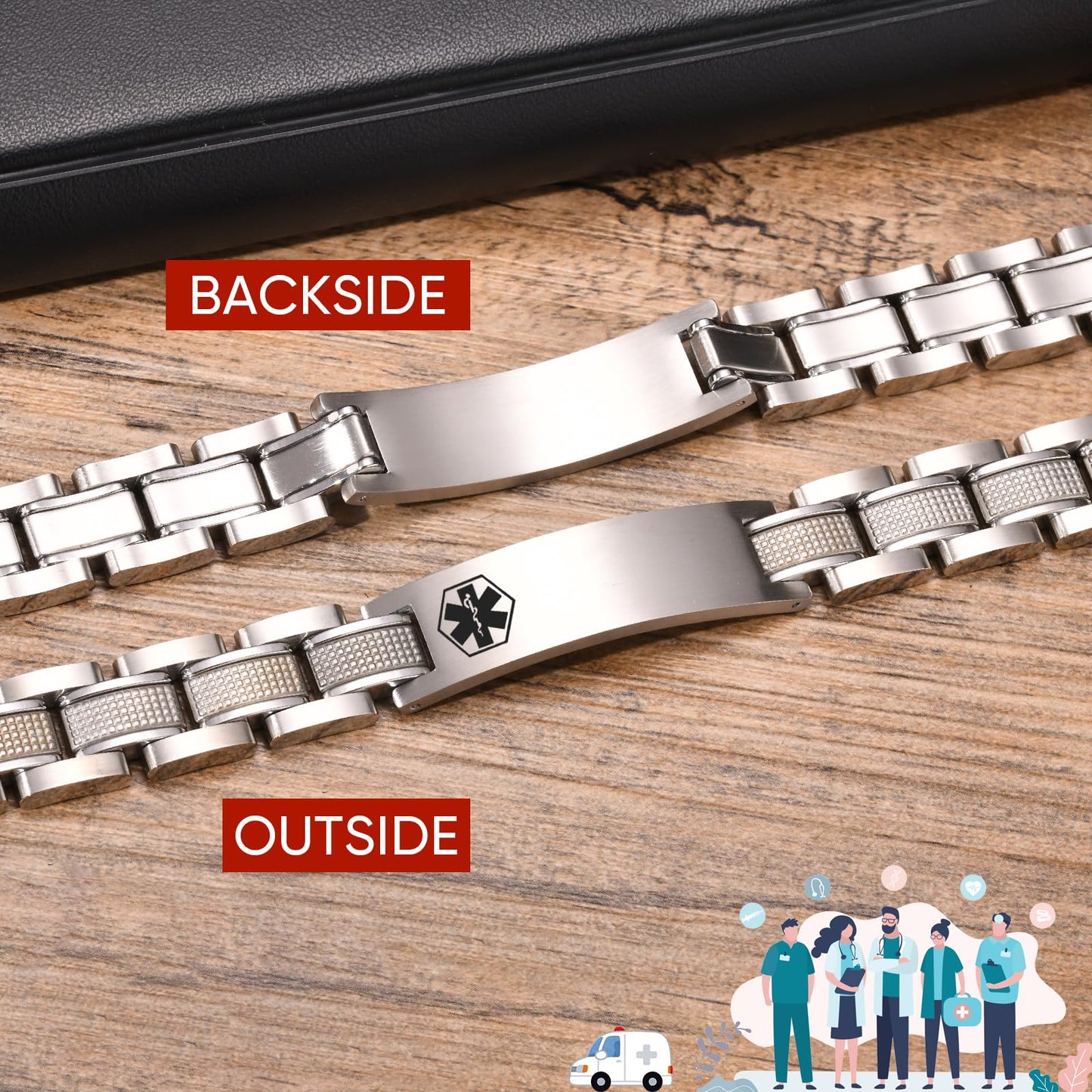 Free Custom Engraving Medical ID Bracelet Heavy Masculine Elaborate Men's Medical Alert Bracelet Wristband Jewelry for Dad Customizable & Waterproof,Silver