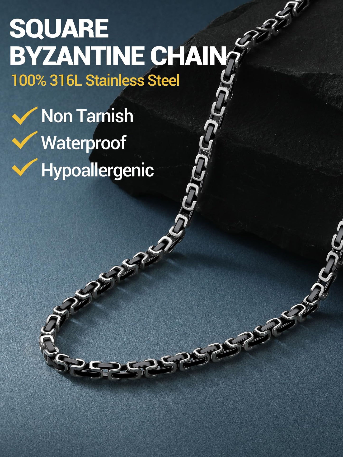 PROSTEEL Byzantine Necklace Stainless Steel Black Necklaces 24 Inch Men Mens Chain