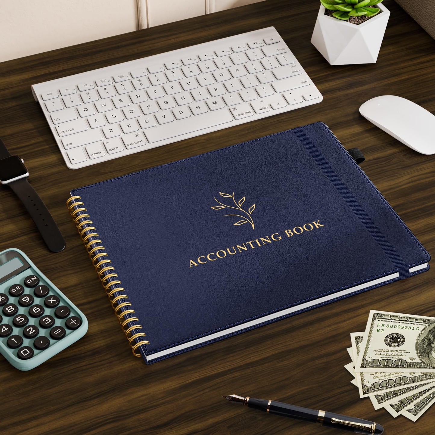 Plastic Cover Accounting Ledger Book Bundled with PU Leather Cover Accounting Ledger Book, Dark Blue Color