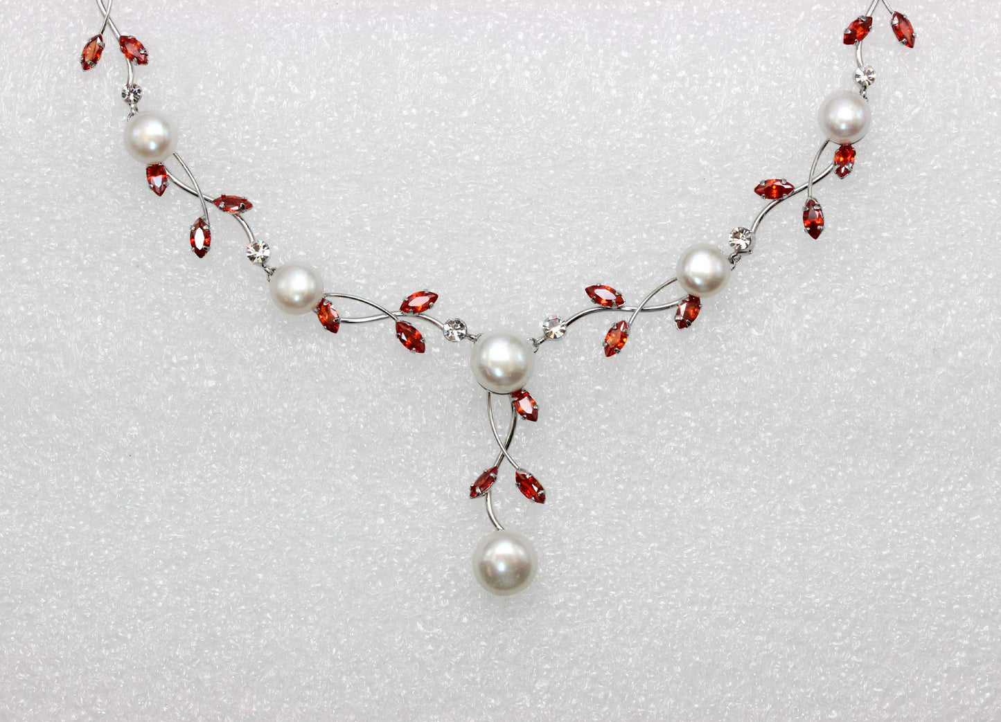 Faship Red CZ Crystal Genuine Freshwater Pearls Floral Necklace Earrings Set - Red