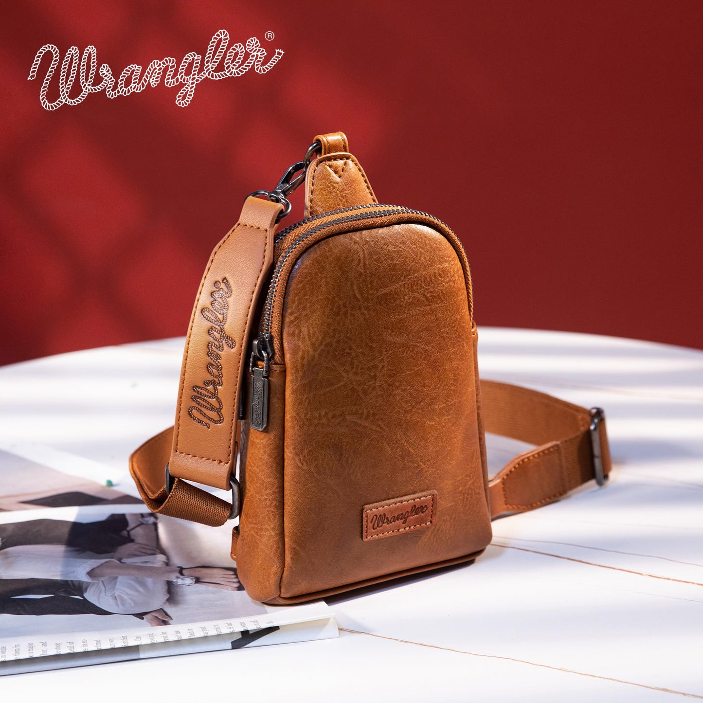 Wrangler Small Sling Bag for Women, Leather Crossbody Bags Cross Body Purse Fanny Packs with Adjustable Strap, WG-HB-87-210-LBR