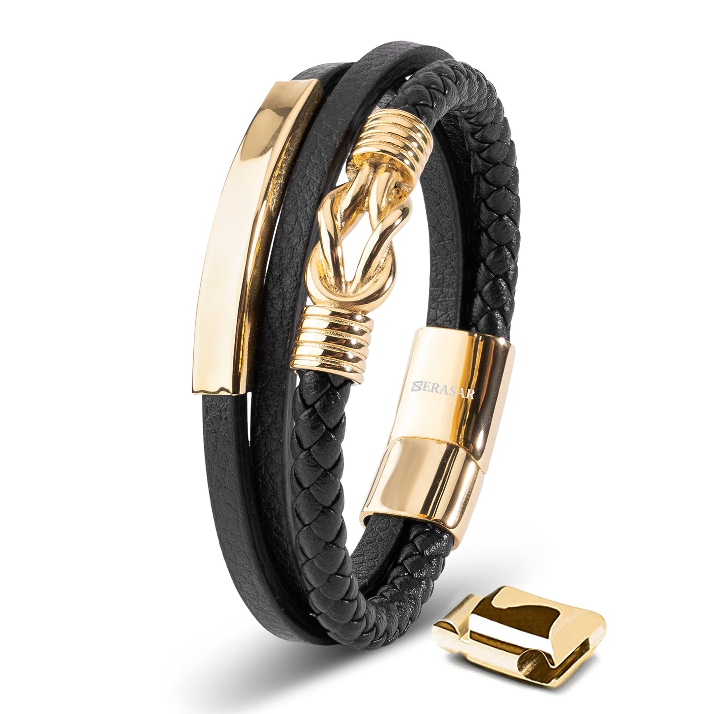 SERASAR Pulseras para hombre Caja de regalo oro 23cm Piel vacuno trenzada cuero genuino Cierre magnético ajustable joyería múltiples capas Hombres