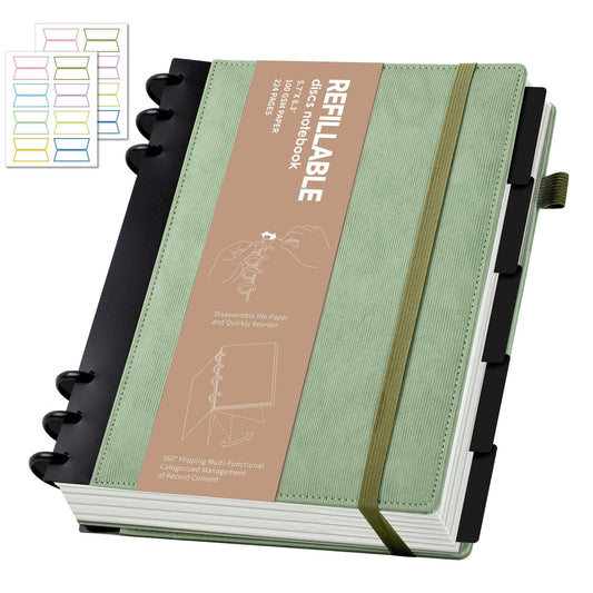 Yoment Leather Journal Notebooks for Work Refillable 224 Page 100 GSM Thick 5 Subject Notebook with Removable Dividers Tabs Hardcover Notebook for School Note Taking Teachers Women Men 6.1 x 8.3,Green