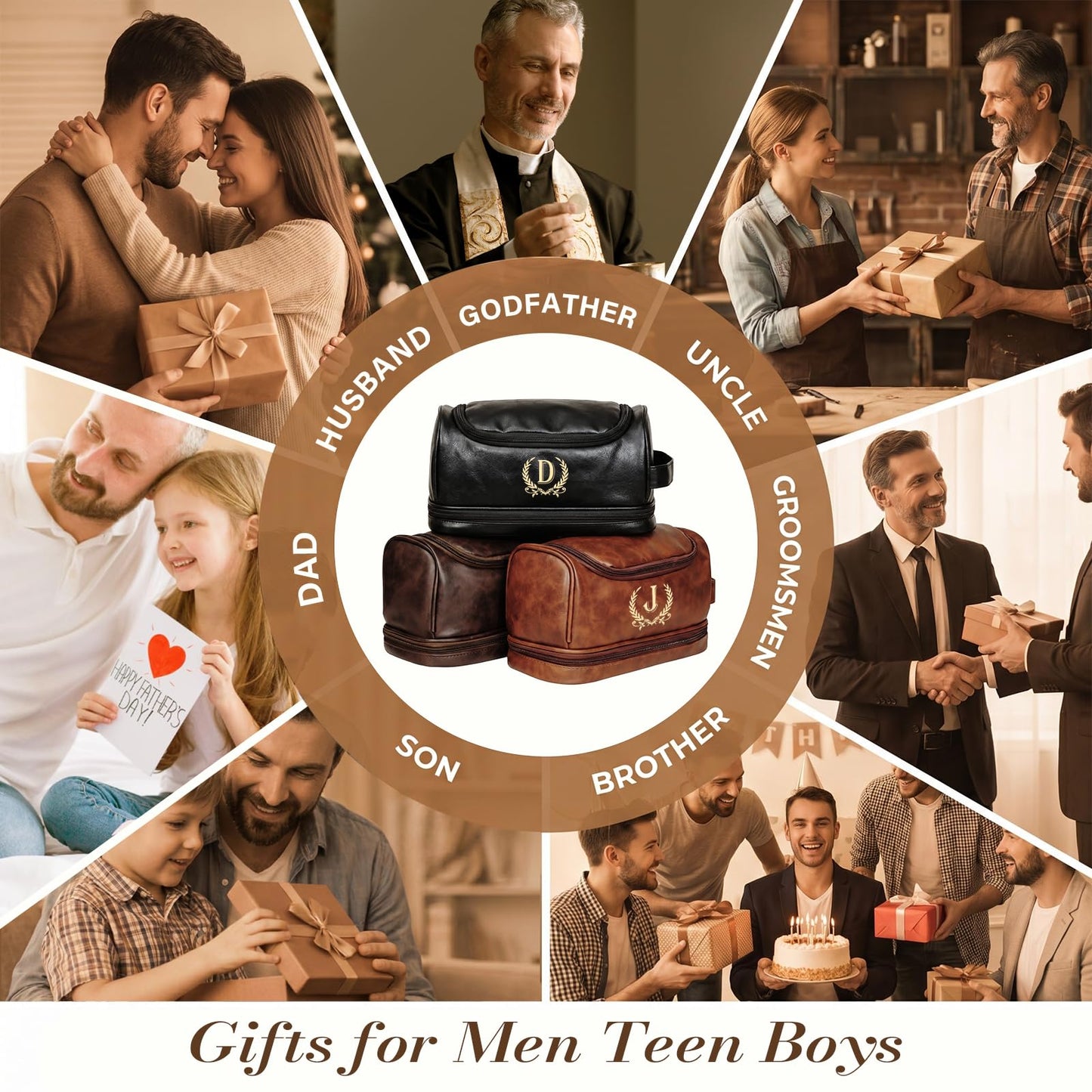 Groomsmen Gifts for Men Travel Toiletry Bag, Personalized Leather Toiletry Bag with Handle & Hook, Water Resistant Shaving Kit Bag for Wedding Party Bachelor Party Favors Bestman Gifts(K)