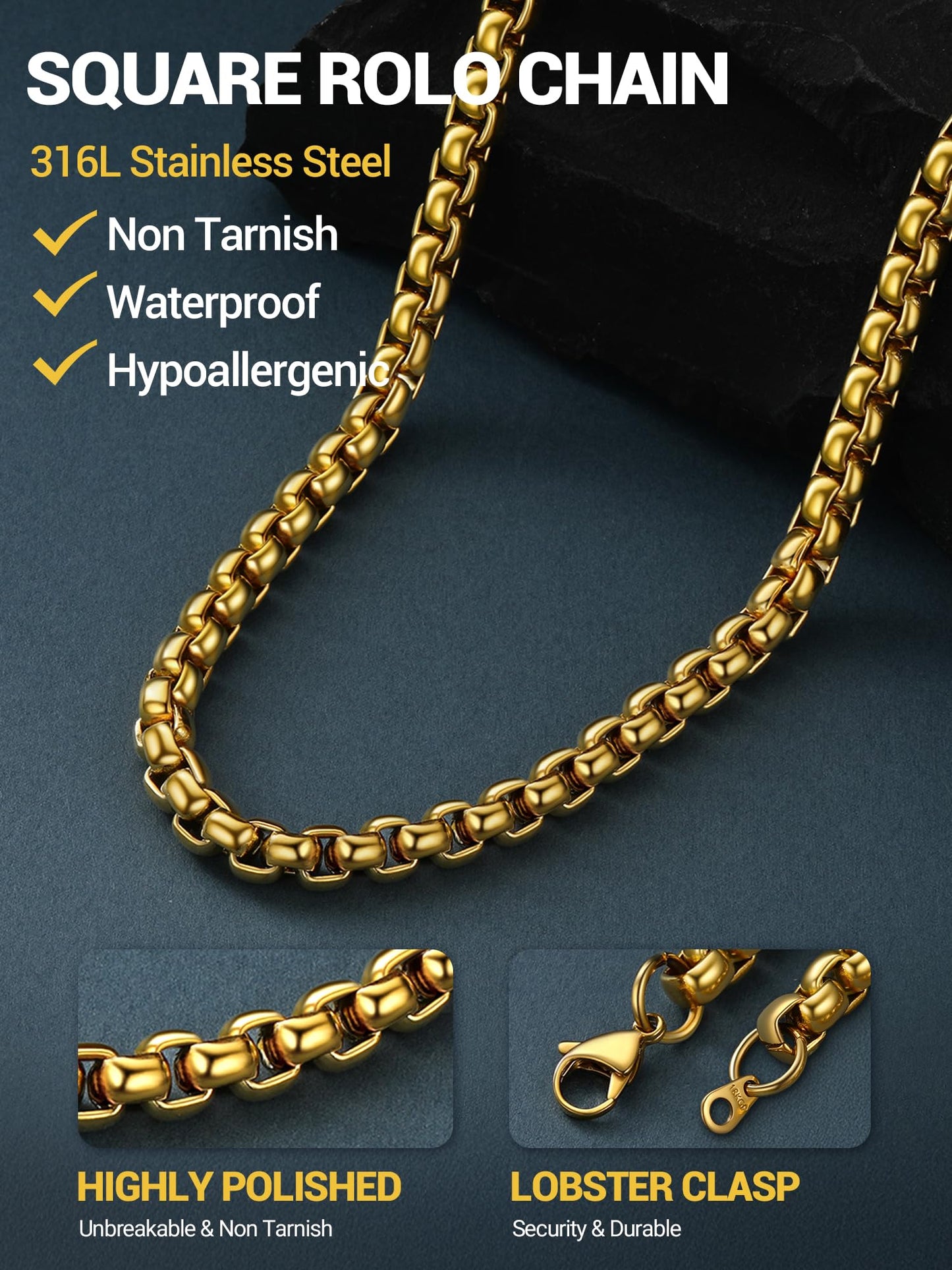 PROSTEEL Mens Chain Necklace, Squre Rolo Cable Chains 8mm Chunky 18K Gold Necklace Waterproof & Non Tarnish Men and Women Jewelry with Gift Box 18in