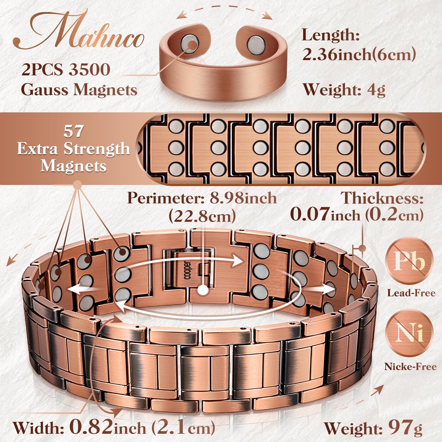Mahnco Copper Magnetic Bracelet for Men, 3X Ultra Strength 99.99% Pure Copper Bracelets with Magnets,Men's Magnetic Jewelry with Adjustable Sizing Tool