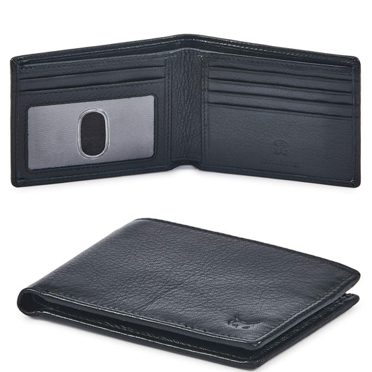 Real Leather Mens Bifold Wallet RFID Blocking Slim Minimalist Front Pocket - Thin & Stylish with ID Window in Gift Box (Nappa, Black)