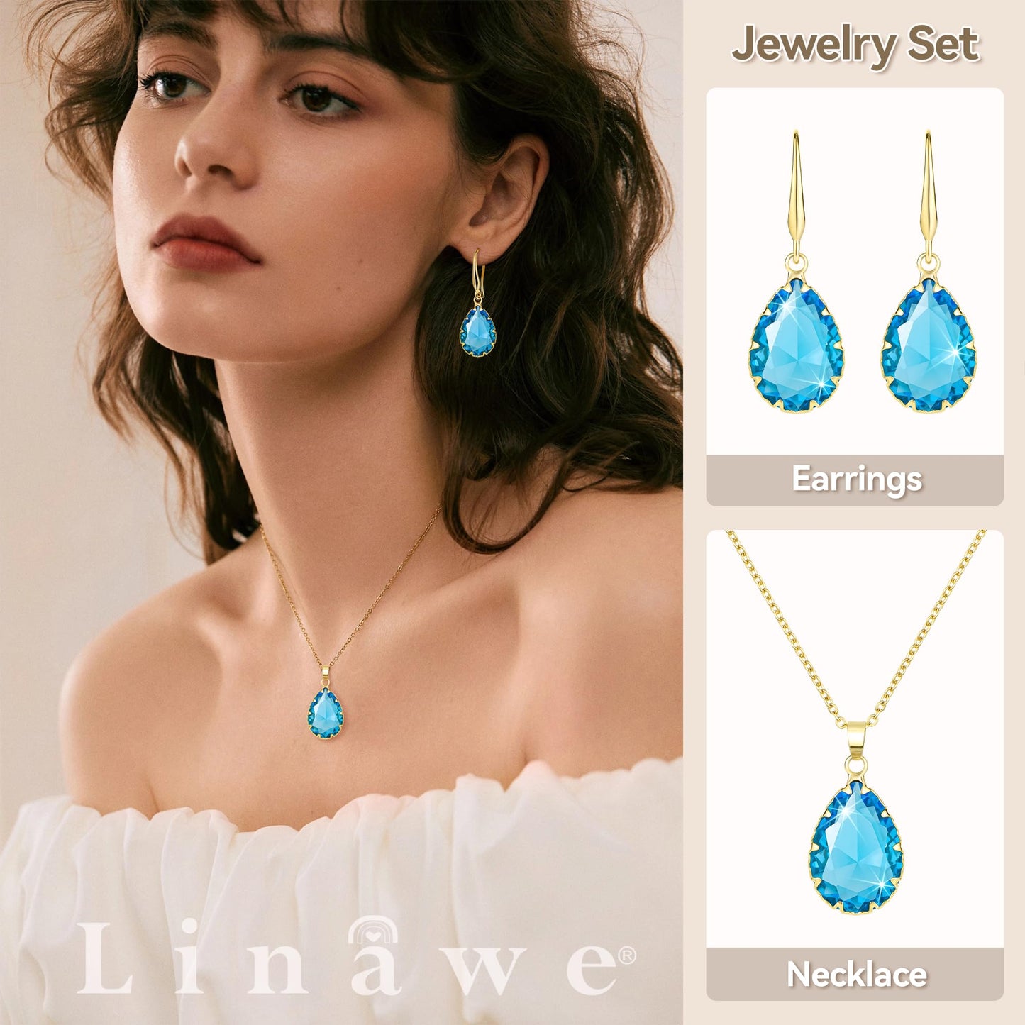 Linawe Aquamarine Blue Jewelry Sets for Women, Gold Plated Necklace and Earring Set, Birthstone Imitation Diamond Crystal Pendant Necklace Set, Tear Drop Earrings Jewelry Set
