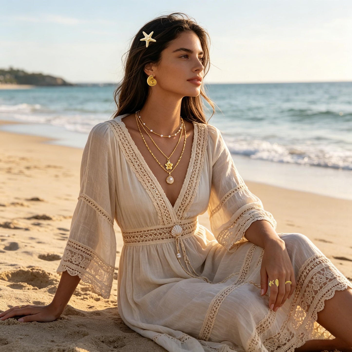 30 Pcs Seashell Starfish Jewelry Set for Women Beach Summer Vacation Jewelry Seashell Starfish Boho Layer Necklace Bracelets White Anklet Stackable Shell Starfish Rings Hair Clip Halloween Mermaid Accessories