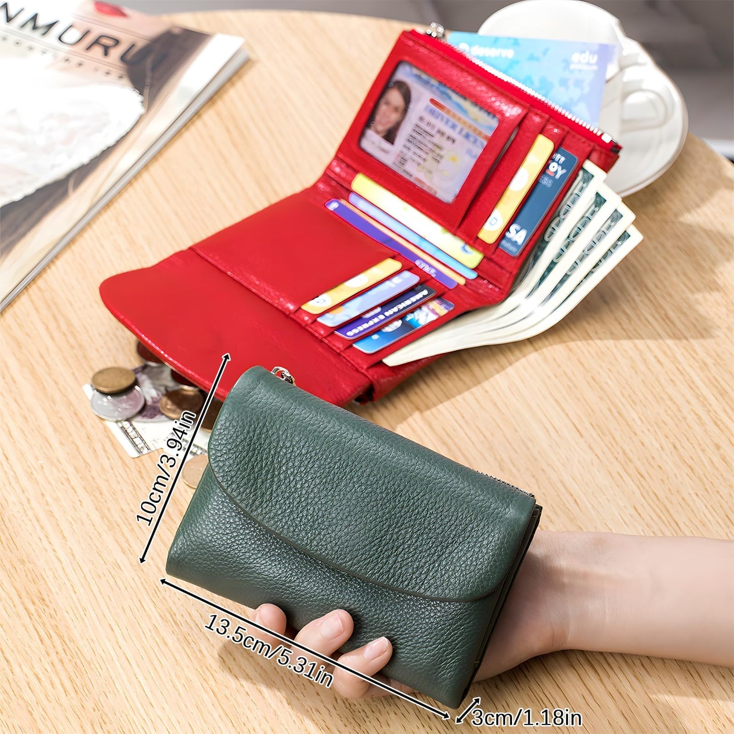 Pebble Leather Wallet,Unisex Short Genuine Leather Purse for Coins and Cards,Solid Multicolor Clutch Bags,Card Holder & Coin Id Cards (Red Black)