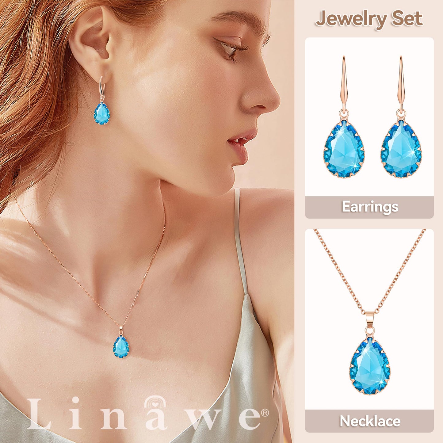 Linawe Lab Created Aquamarine Blue Jewelry Sets for Women, Rose Imitation Gold Plated Pendant Necklace and Earring Set, Fake Birthstone Crystal Imitation Diamond Necklace Set, Rhinestone Teardrop Jewelry Set