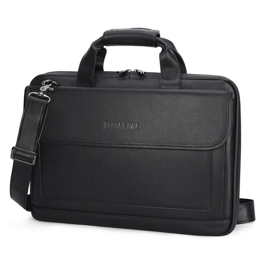 Masa Kawa Leather Briefcase for Men Slim 15.6" Laptop Bag Waterproof Crossbody Shoulder Messenger Computer Attache Case for Business Work, Black