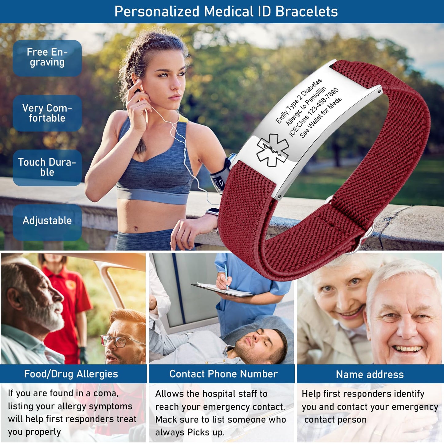 VNOX Medical Alert Bracelets for Men & Women with Free Engraving Adjustable Stainless Steel Mesh Emergency Medical ID Bracelets Wristband