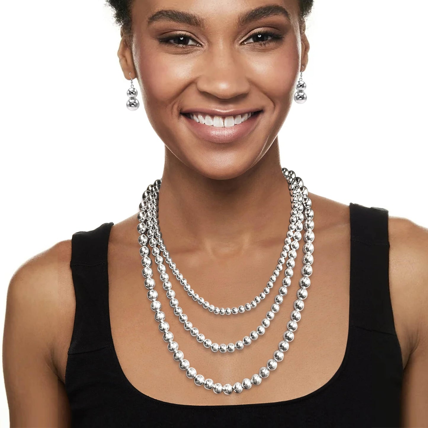 Cryshimmer Silver Bead Necklaces Earring Bracelet for Women Silver Plated Chunky Beads Strand Layered Necklace Costume Jewelry Set(16"/18"/21")