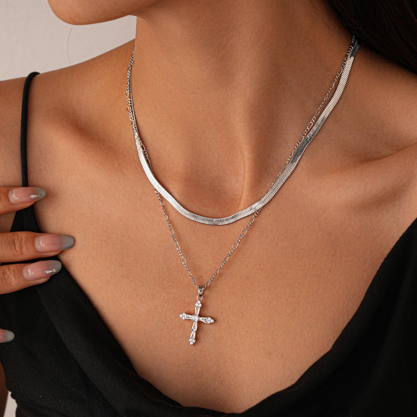 ANDKISS Layered Cross Necklace for Women - Dainty 14K Silver Plated Stacked Necklaces Trendy Snake Chian Cross Pendant Necklace Jewelry Gifts Christmas Women