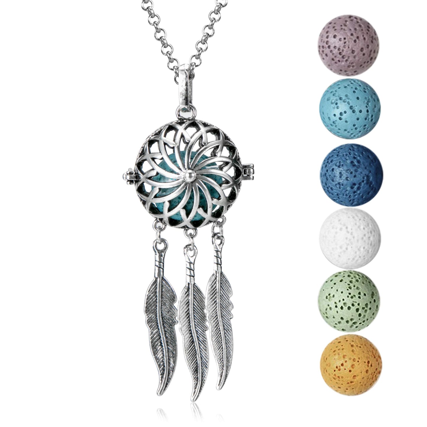 Wild Essentials Dream Catcher Essential Oil Diffuser Necklace Gift Set with Inner Calm & Relax Oils – Nickel Free Alloy Pendant with 6 Lava Stones – USA Made Oils & Perfume Necklace – Family Company