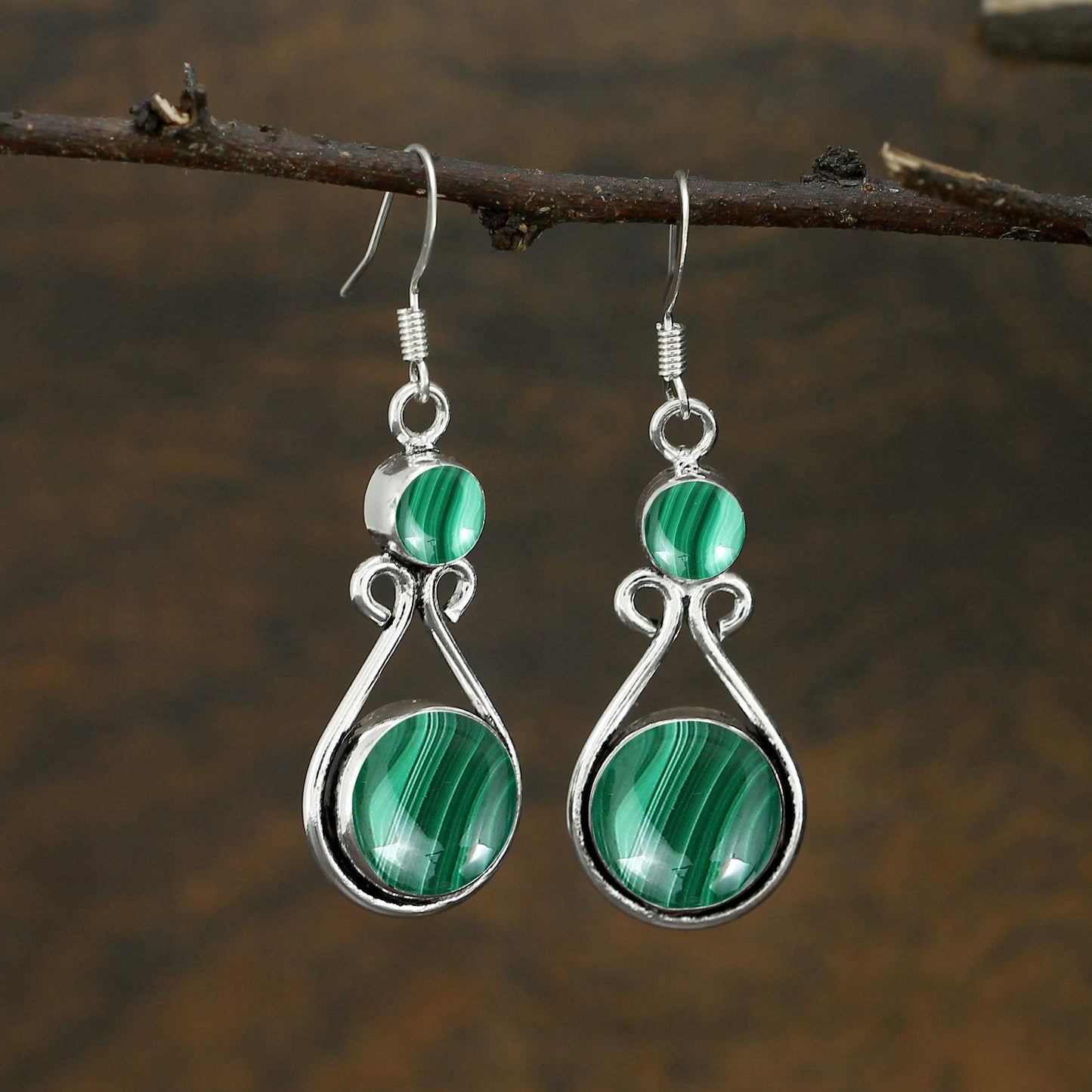 Natural Malachite Silver Plated Dangle Earrings for Women - April Birthstone Round Gemstones Drop Earrings Handmade Jewelry - Mother's Day Gift for Her