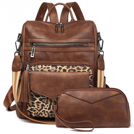 GAEKEAO Backpack Purse for Women Fashion Leather Designer Travel Backpack Purses Convertible Shoulder Bag with Wristlet (Brown With Leopard)