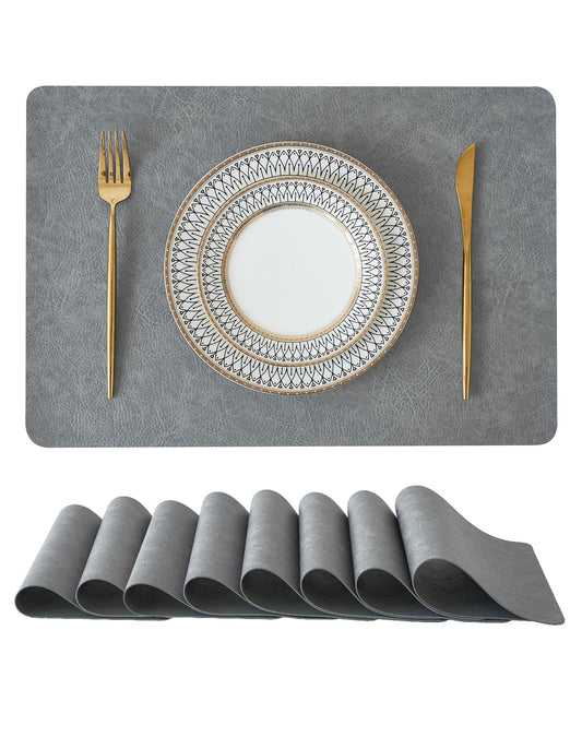 Leetaltree Reversible Faux Leather Placemats Set of 8, 12x17 Inch - Heat Resistant, Waterproof, Non-Slip Table Mats for Dining Kitchen, Hotel-Quality, Mist Grey