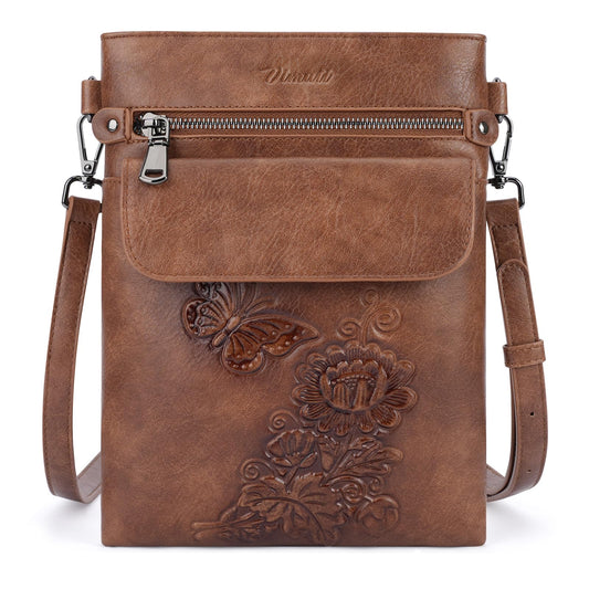 VIMUTI Small Crossbody Purse for Women, Soft Vegan Leather Multi Pocket Zipper Bag with Adjustable Strap Embossed Lightweight Travel Shoulder Bag (Brown)