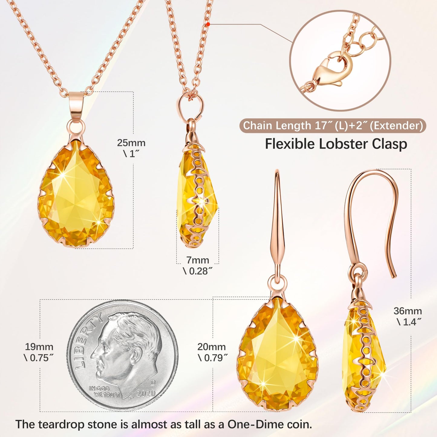Linawe Yellow Costume Jewelry Sets for Women, Rhinestone Tear Drop Earring Set, Imitation Diamond Birthstone Crystal Pendant Necklace, Rose Gold Cubic Zirconia Women's Jewelry Sets