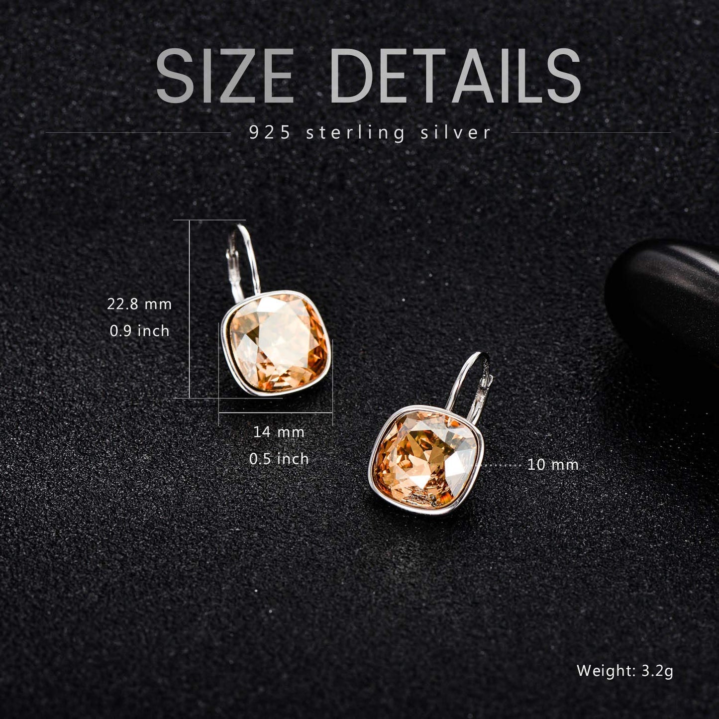 AOBOCO Sterling Silver Leverback Earrings Embellished with Crystals from Austria, Hypoallergenic Cushion Cut Square Crystal Earrings, Fine Anniversary Birthday Jewelry Gifts for Women (Simulated Citrine)