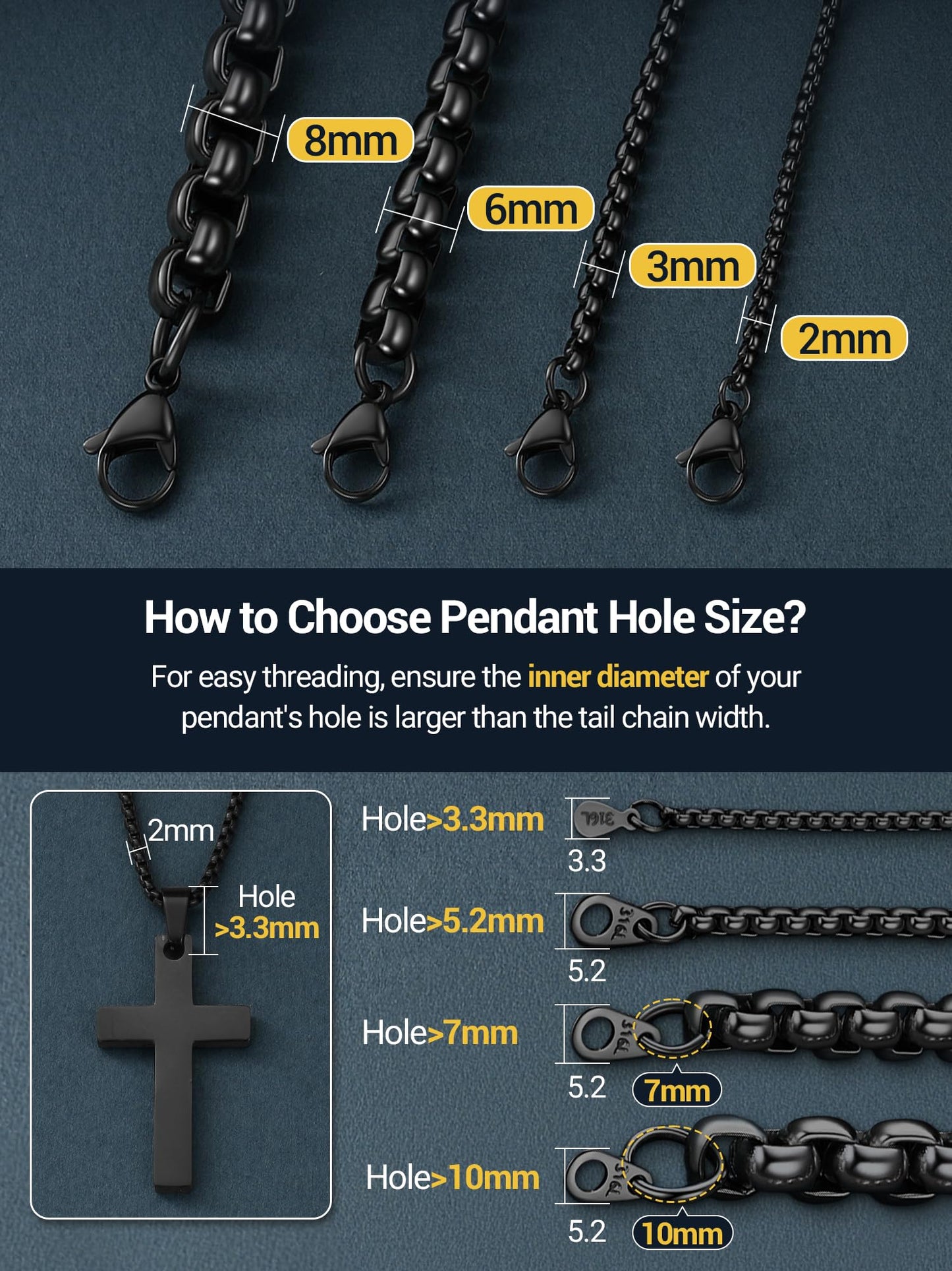PROSTEEL Squre Rolo Link Chains, Black Stainless Steel Chain Necklace Waterproof & Non Tarnish 6mm Link Chains for Men and Women Jewelry with Gift Box 18in