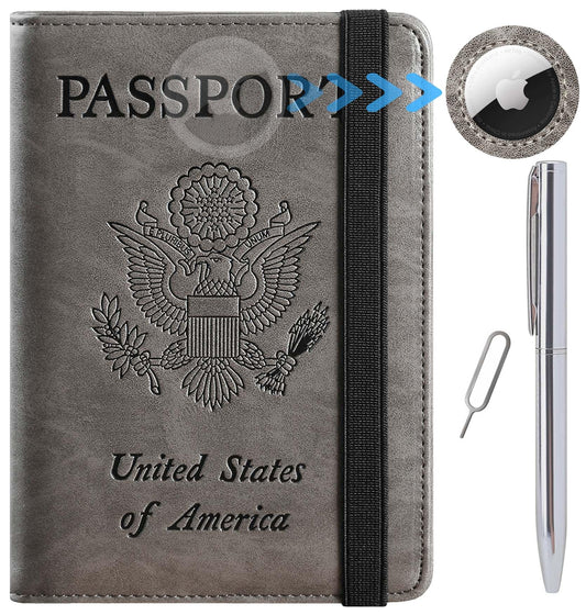 Airtag Passport Holder Cover Wallet Travel Essentials RFID Blocking Leather Card Case International Must Haves Travel Accessories for Women Men(119#Grey)