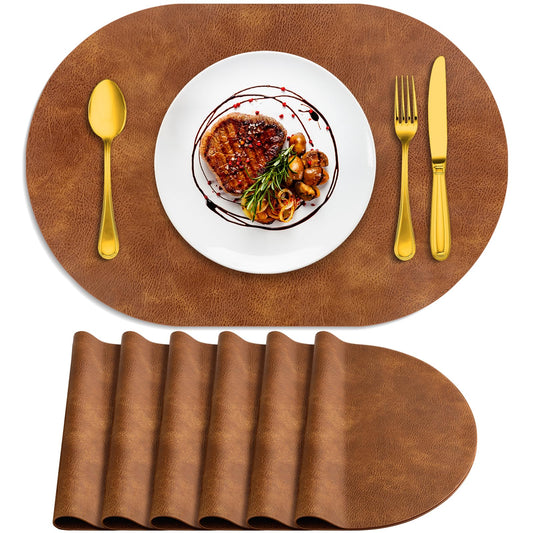 ADRIMER Placemats, Heat Resistant Oval Placemats Set of 6 Washable 12 x 17 Inch, Waterproof Table Mats, Wipeable Pu Place Mats for Kitchen, Dining Room, Turmeric Brown
