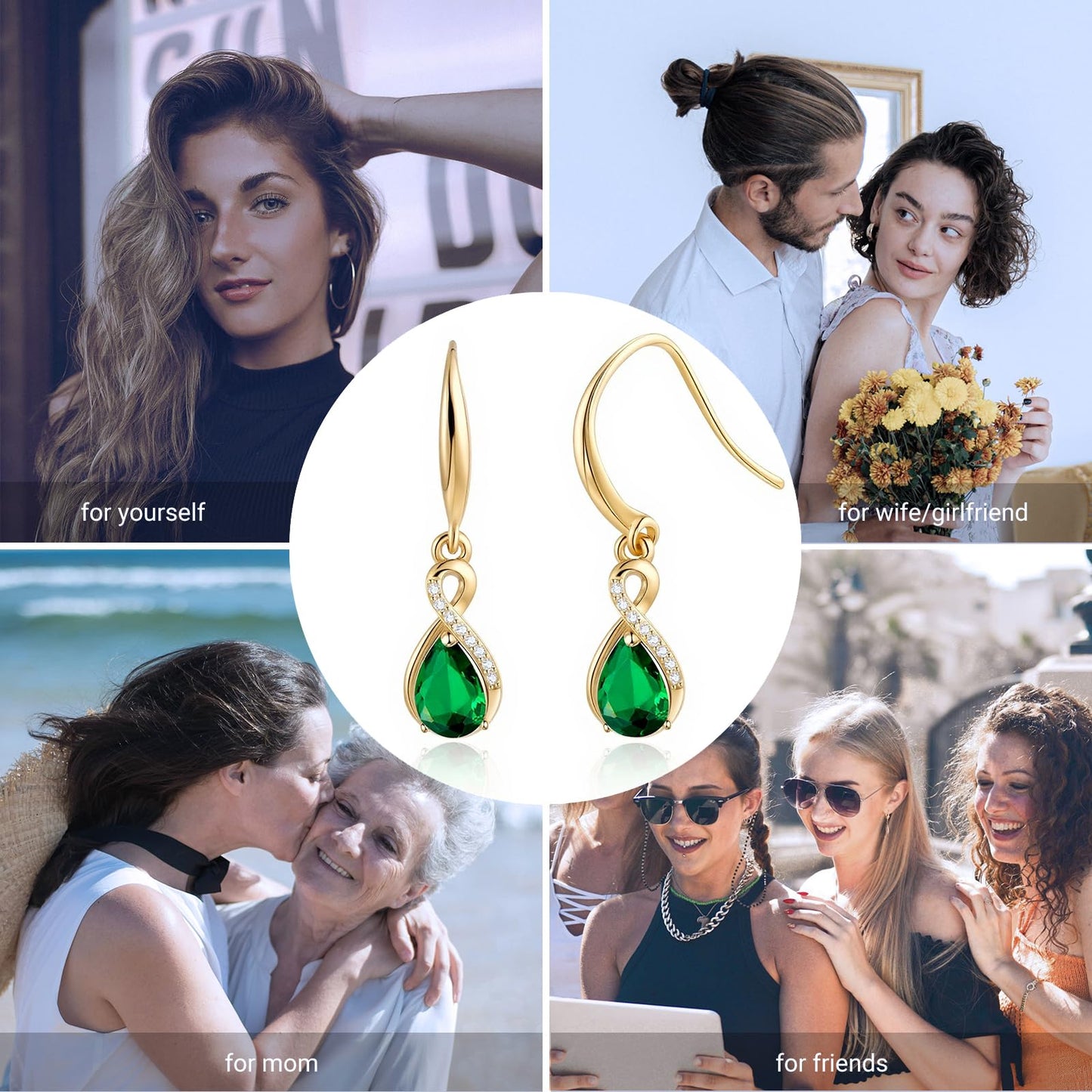 Infinity Birthstone Earrings 18K Gold Plated 925 Sterling Silver Teardrop Infinity Drop Dangle Earrings Emerald Jewelry Birthday Gifts for Women Her Mother Wife