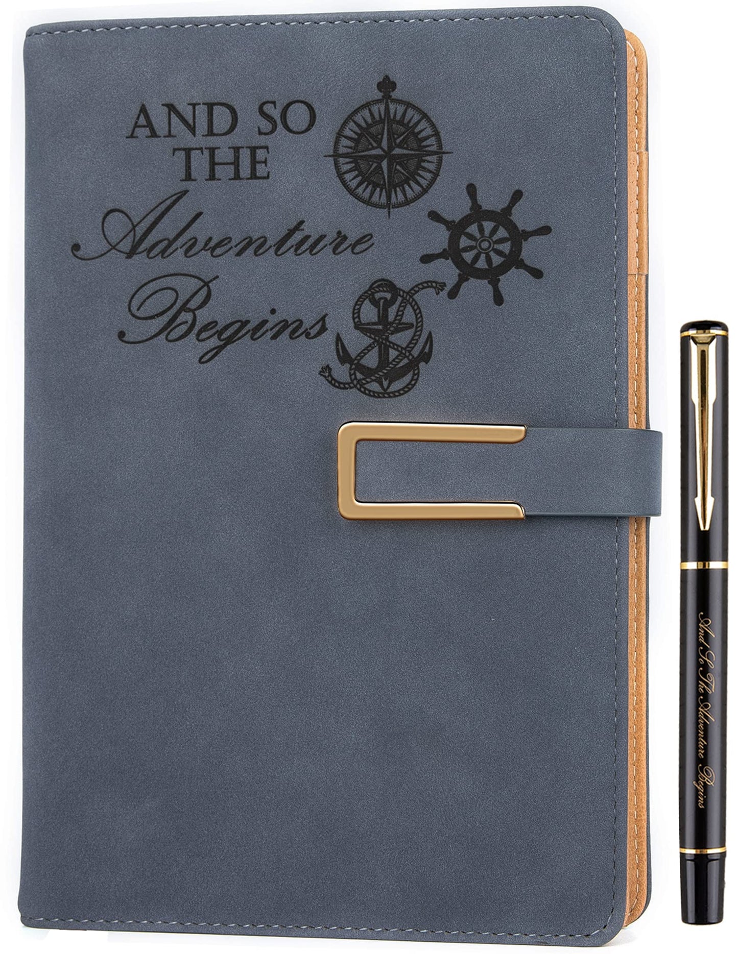 Fanery Sue Refillable Adventure Travel Journal For Women & Men Faux Leather Hardcover A5 Travel Notebook College Ruled 200 Lined Pages Lay-Flat Diary With Pen & Magnetic Buckle（Adventure - Blue
