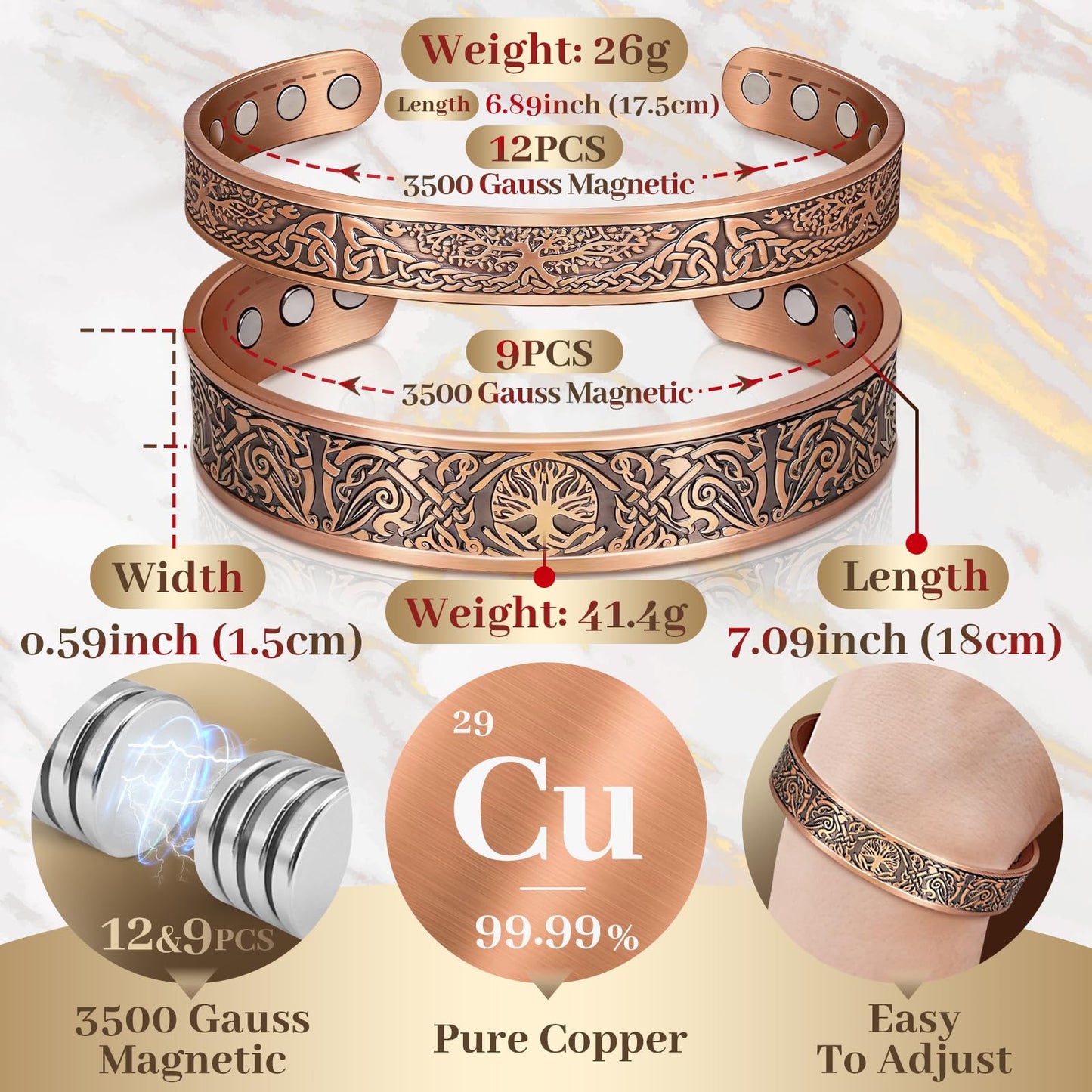 Auramag Bracelets for Men, 99.99% Pure Copper Magnetic Bracelets for Women, Adjustable Jewelry with Gift Box, Valentine's Day Jewelry Gift