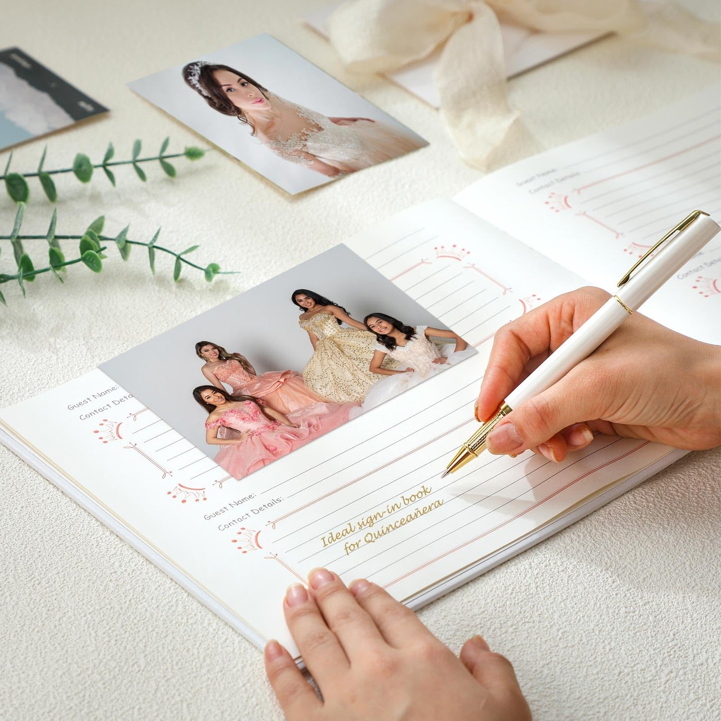 MotiMind Quinceanera Guest Book with Pen 11 x 8 Inch Libro De Firmas Para 15 Anos Quinceanera Leather Hardcover Signature Book Guest Sign in for 15th Party Favors Decoration(White Rose Gold,Crown)