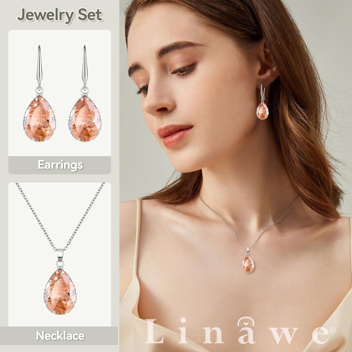 Linawe Citrine Crystal Jewelry Sets for Women, Yellow Imitation Diamond Pendant Necklace, Rhinestone Drop Dangle Teardrop Earring Set, Birthstone Cubic Zirconia Matching Wedding Jewelry Silver