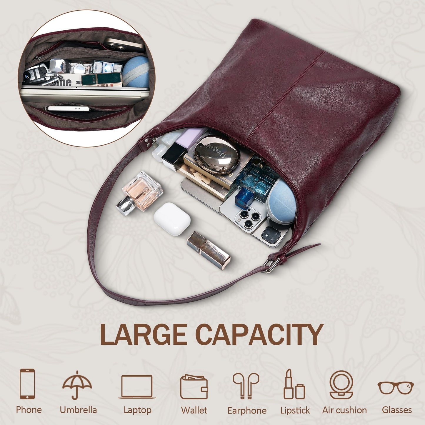 Hobo Bags for Women, Slouchy Shoulder Purse in Vintage Burgundy Vegan Leather, Large Handbag with Adjustable Strap & Center Divider Pocket