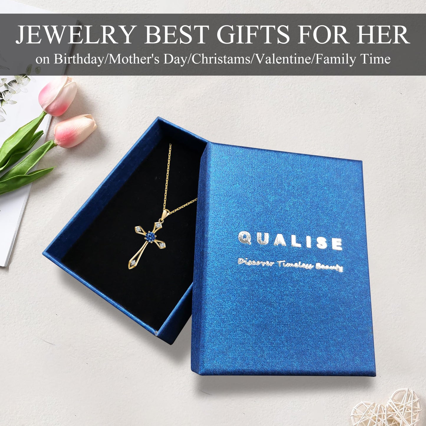 14K Solid Gold Plated Cross Necklace for Women,925 Sterling Silver Ladies Faith Cross Birthstone Pendant Christian Religious Confirmation Baptism Everyday Jewelry Anniversary Birthday Gifts for Her