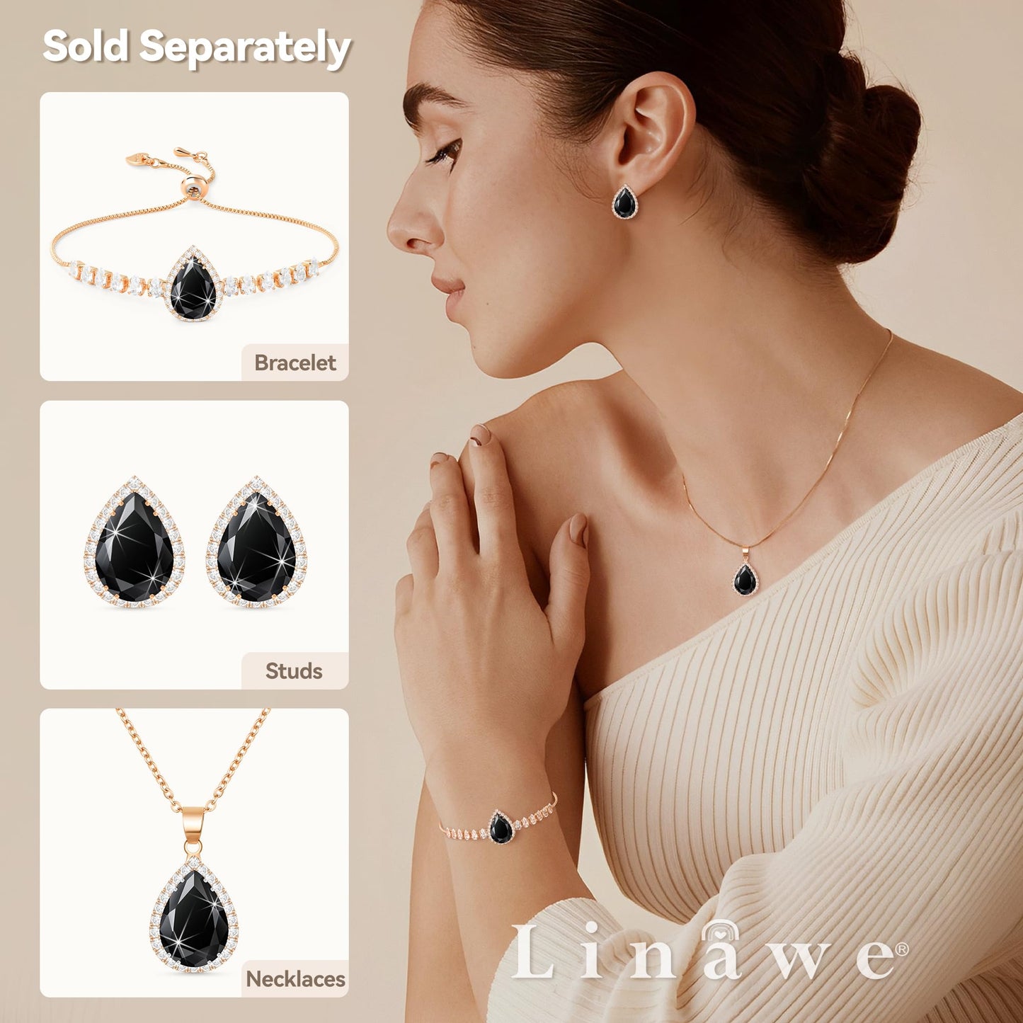 Linawe Black Stud Earrings for Women, Imitation Diamond Cubic Zirconia Teardrop Rhinestone Crystal Earrings Studs, Rose Gold Cartilage Piercing Statement Costume Jewelry Vintage