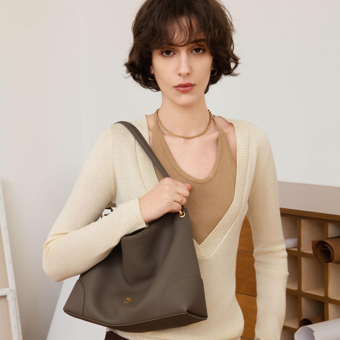 ELLE Full-Grain Leather Purses for Women Large Shoulder Bag