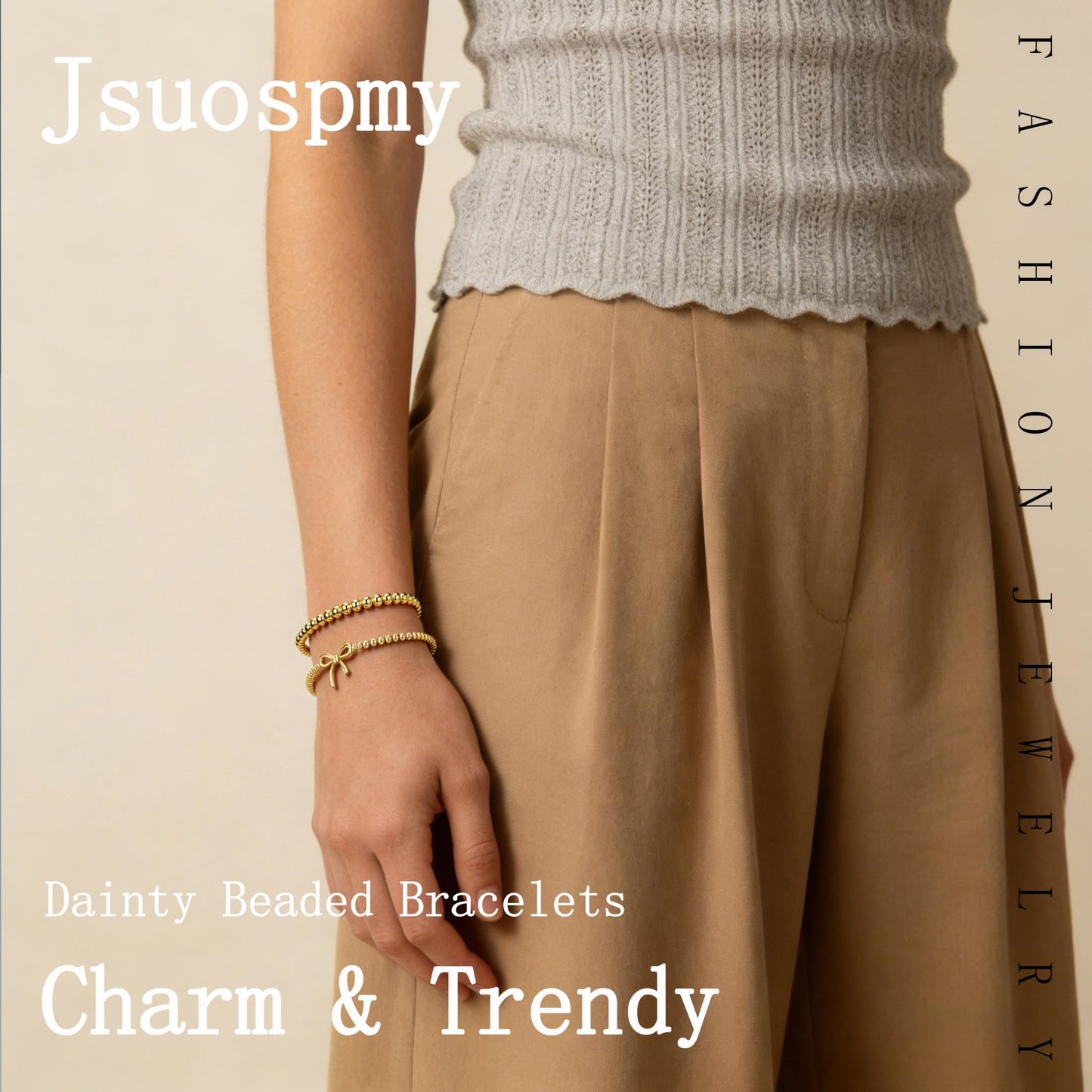 Jsuospmy Gold Beaded Bracelets for Women 14K Gold Bow Bracelet Handmade Stackable Bracelets for Women Trendy Non Tarnish Bracelet Jewelry Gift for Womens 2Pcs (02.Bow+Beaded (Gold))
