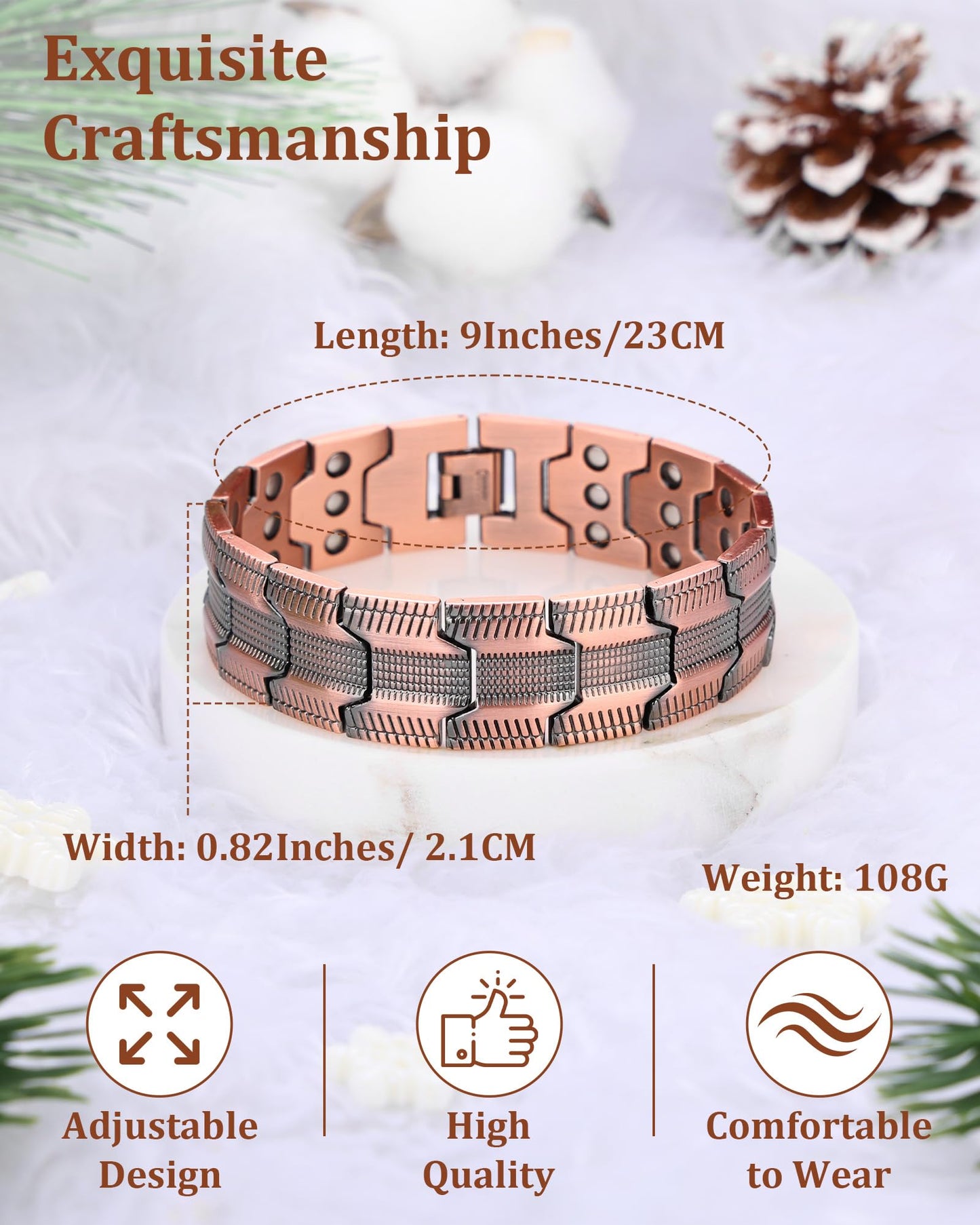 MagEnergy Copper Bracelet for Men, 3-Row Magnet Design, Ultra Strength Magnetic Bracelet 99.99% Pure Copper Wristband Adjustable Jewelry Gift with Sizing Tool(Copper Tire Graphics-Xmas)
