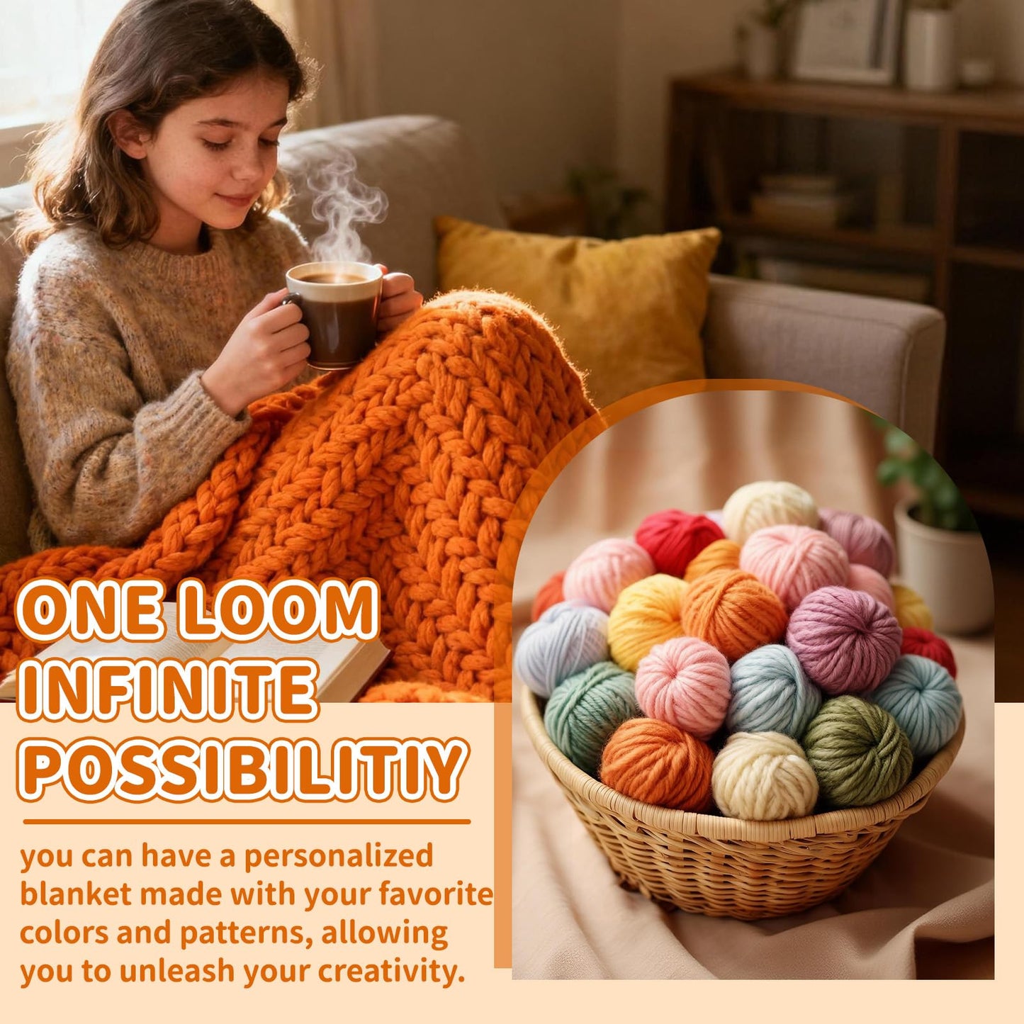 46" Extra-Large Chunky Blankets Loom Frame, Adjustable DIY Wooden Weaving Blanket Maker, No Needles Craft Kit for Home Decor & Stress Relief, Beginner-Friendly
