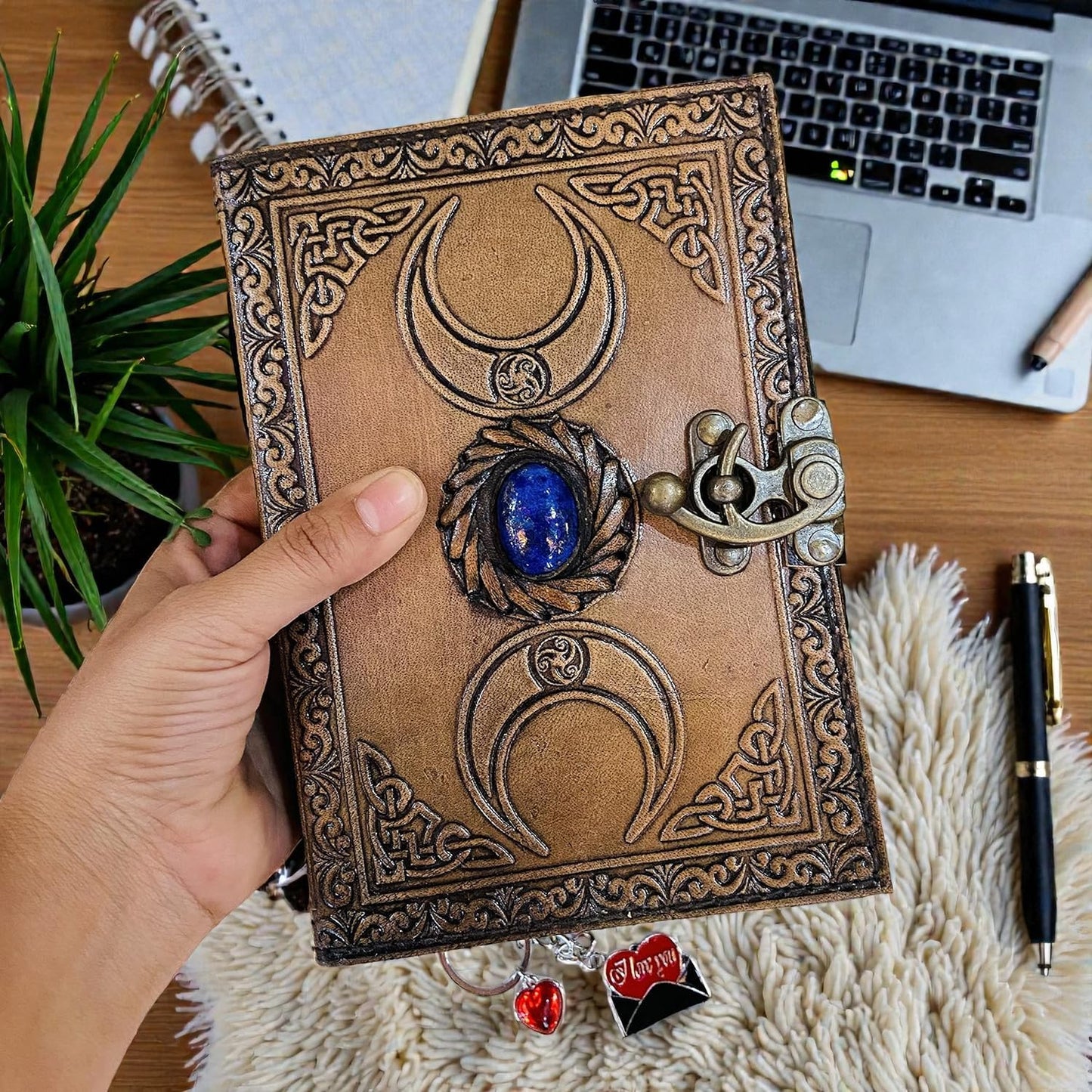 Old Leather Journal, junk notebook Lock Closure, Book of Shadows blank spells, Grimoire, Witch, Vintage 200 pages Antique Deckle Edge Paper Sketchbook and Travel Notebook Stone Moon journal 7x5