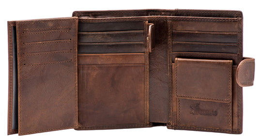 POKOFO Large RFID Genuine Leather Card Holder Trifold Wallet Snap Closure 3 ID Windows for men (Coffee)