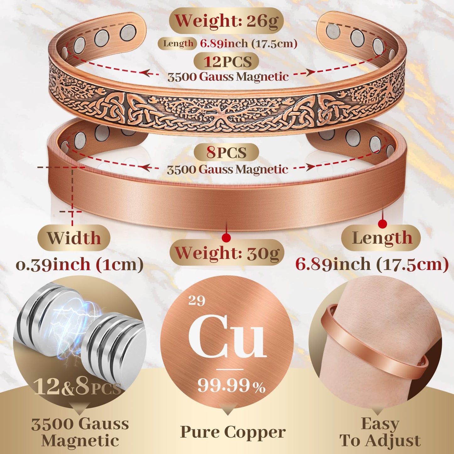 Auramag Copper Bracelets for Women, Magnetic Copper Bracelets for Women with 3500 Gauss Magnets, Adjustable Jewelry with Gift Box (2PCS)